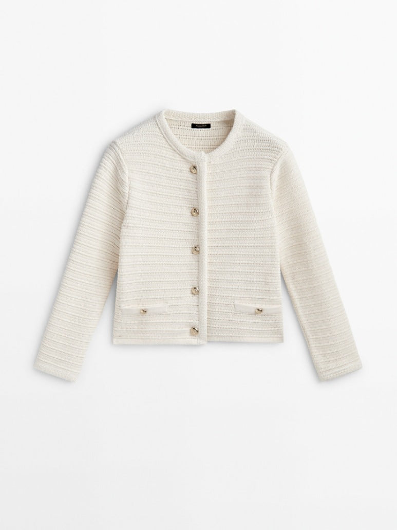 Buckle Striped Classic Style Knitted Cardigan Sweater Short Coat