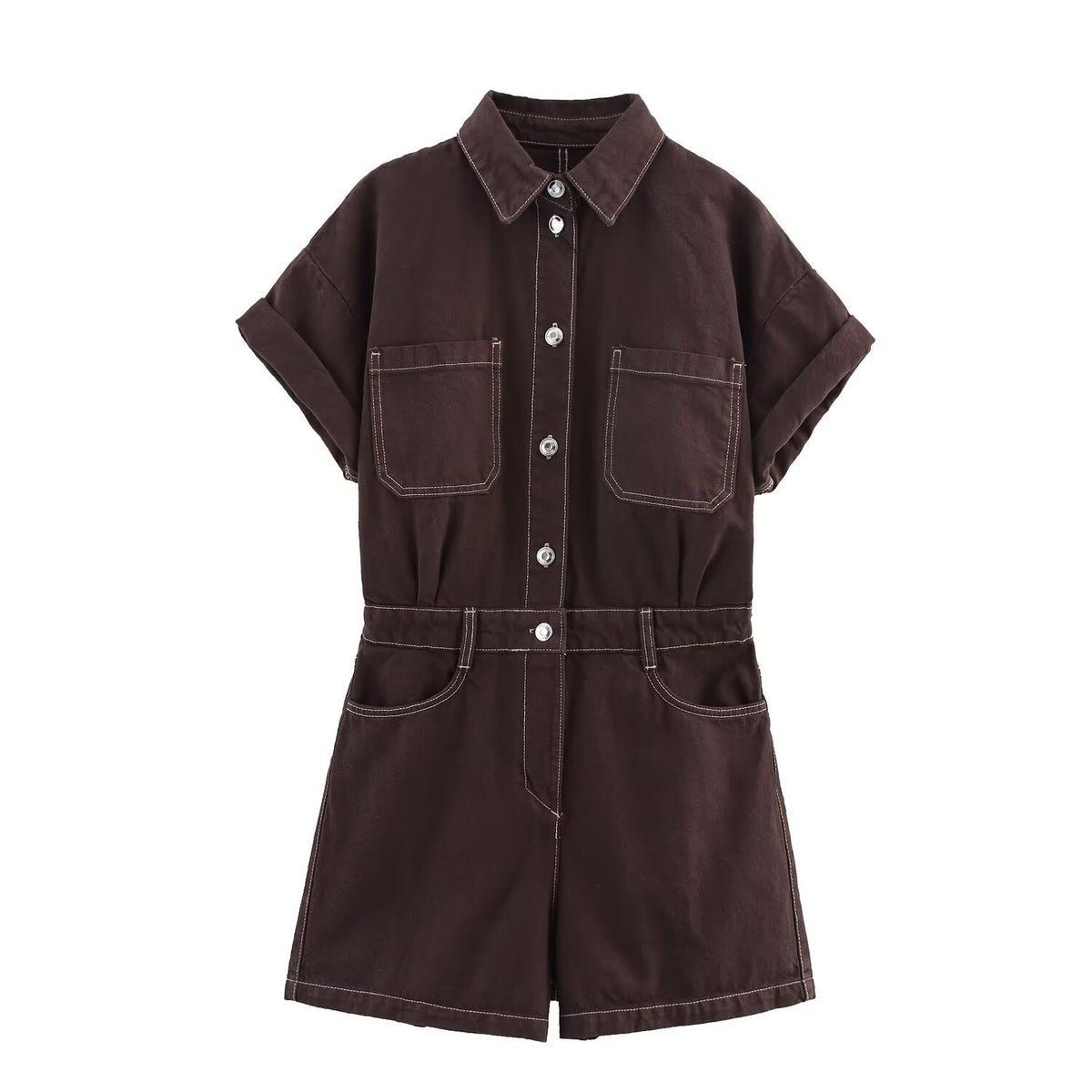 Lapel Multi-color Short Sleeve Denim Jumpsuit