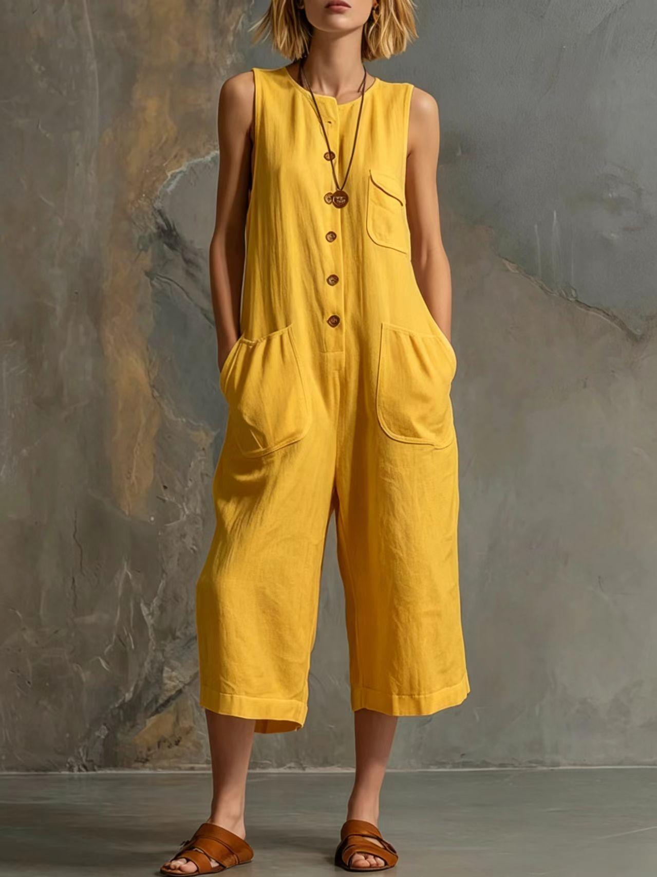 Retro Cotton-Linen Wide-Leg Cropped Jumpsuit