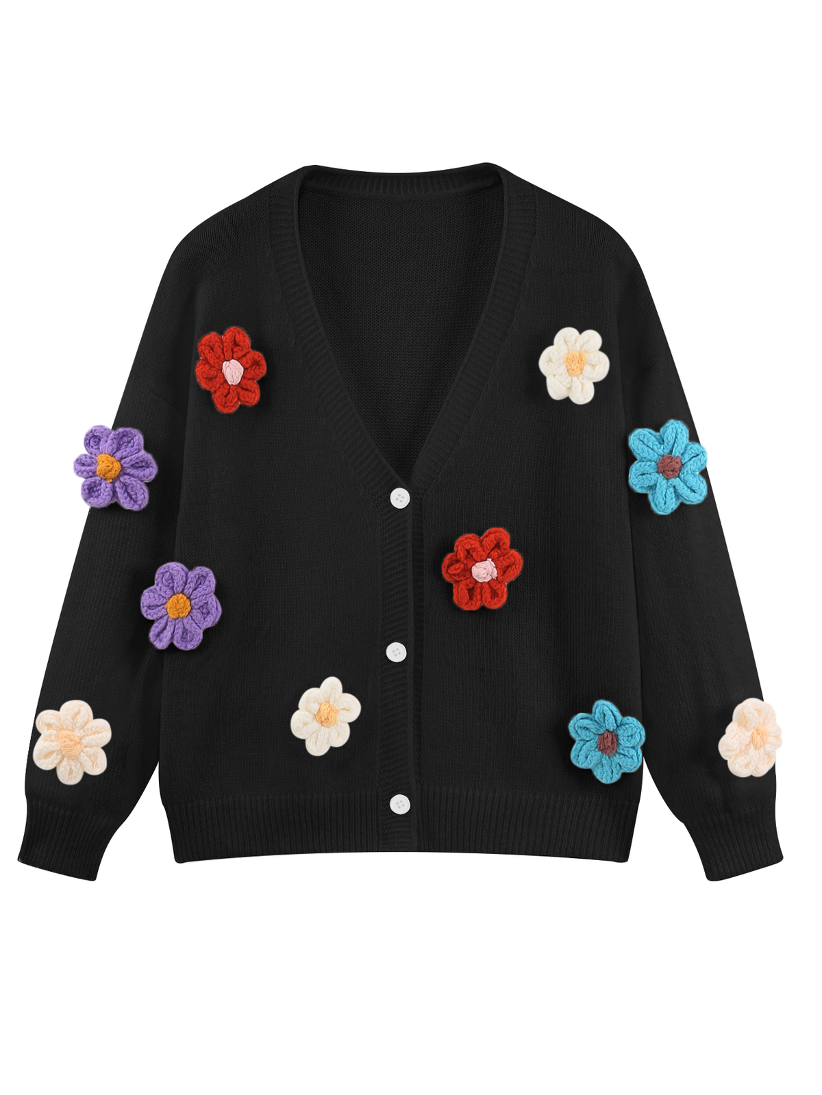 Ladies Colorful Flower Knit Cardigan Loose Long Sleeve Casual Layering Outerwear