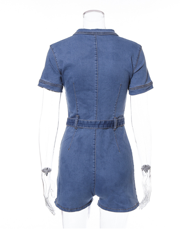 Slim Fit Deep V Denim Jumpsuit with Belt & Pockets