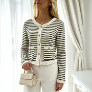 Contrast-color Knitted Cardigan with Striped Crewneck Top for Women