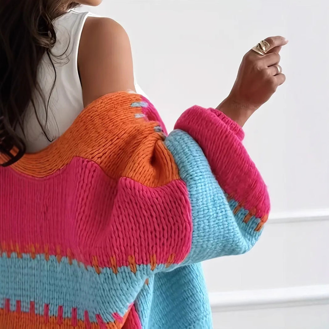 Contrast Color Patchwork Knitting Cardigan