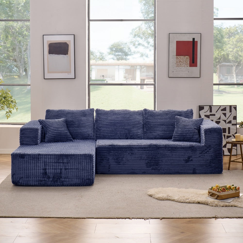 Modular L-shaped chaise longue sofa bed with deep seat and corduroy upholstery