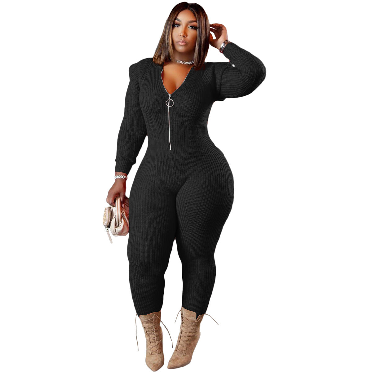 Women's Fall Winter Fashion Knitted Wool Padded Shoulder Hooded Jumpsuit