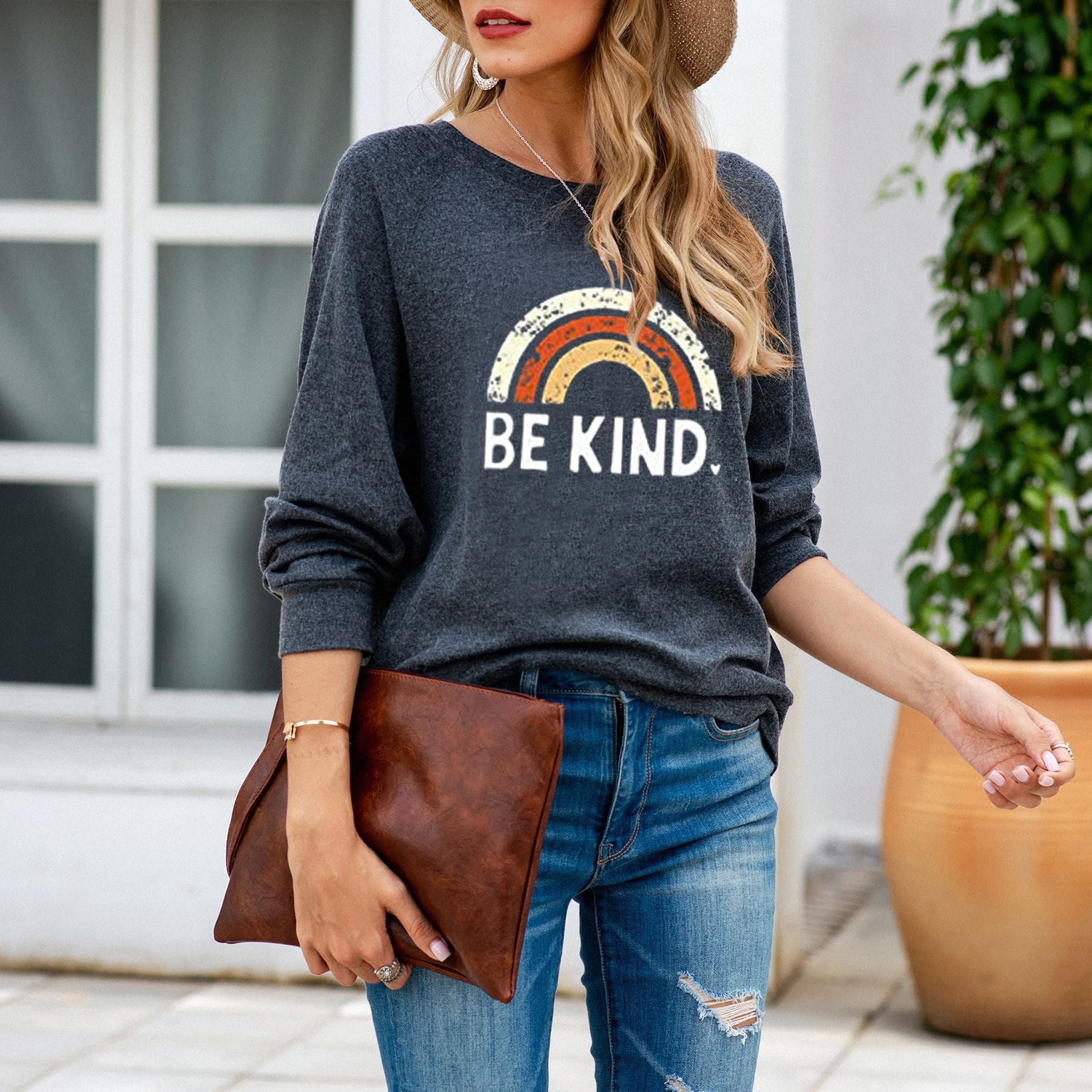 Casual Rainbow Print Crewneck Sweater