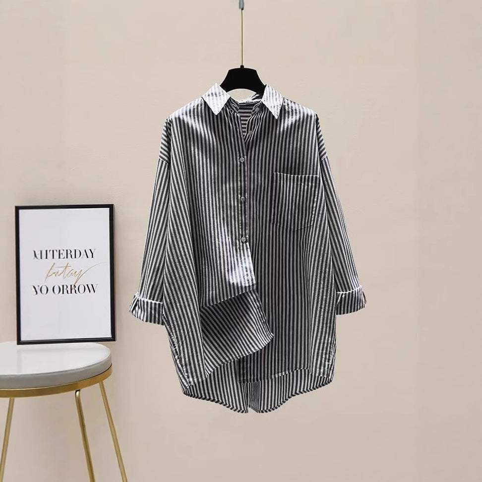 Womens Simple Casual Mid-Length Striped Shirt