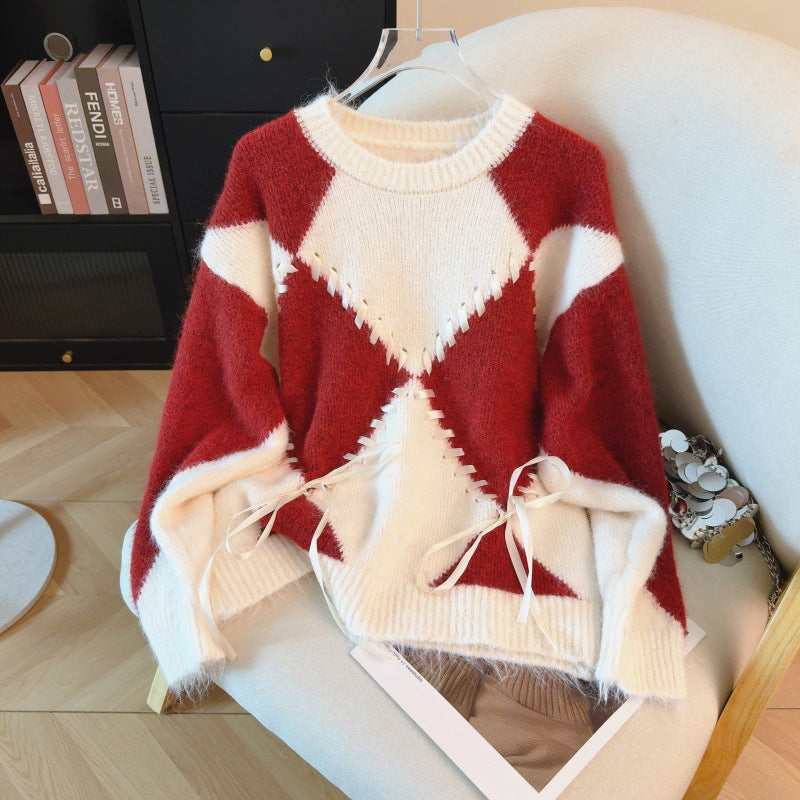Drawstring Sweater Contrast-color Knit Top for Women