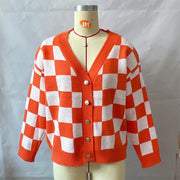 Asian Contrast Color Chessboard Plaid Autumn and Winter Women's Sweater