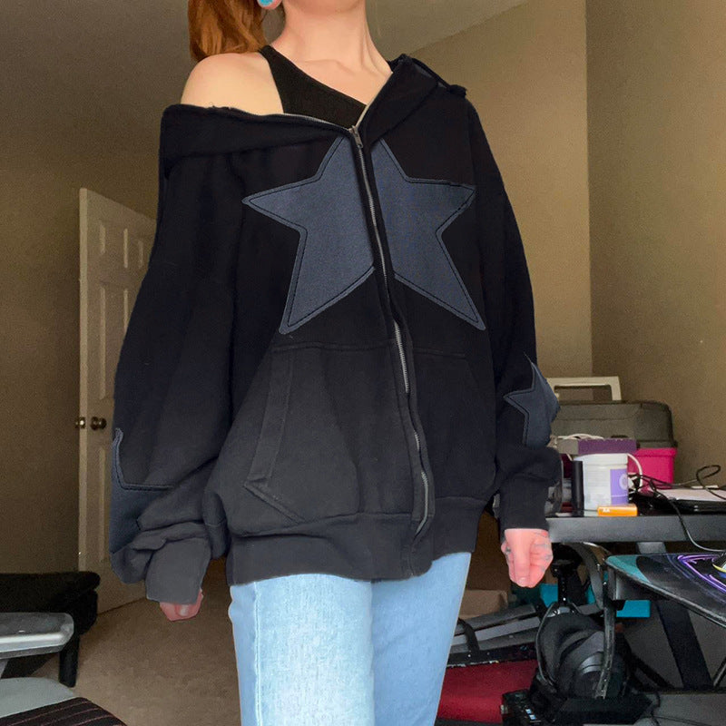 Star Patch Zip-Up Oversized Hoodie Streetwear