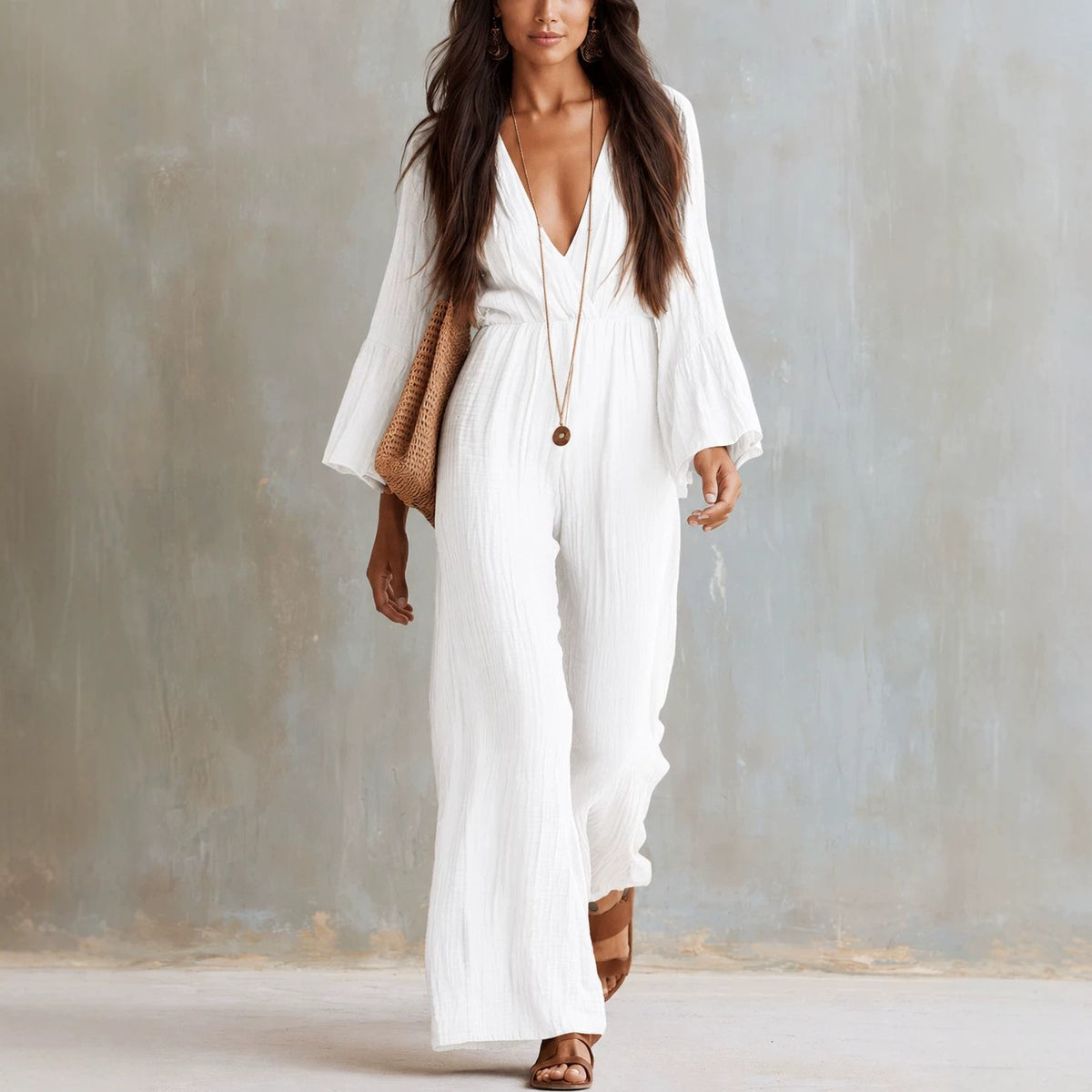 Womens Long-sleeve V-neck Bohemian-style Elastic-waist Jumpsuit