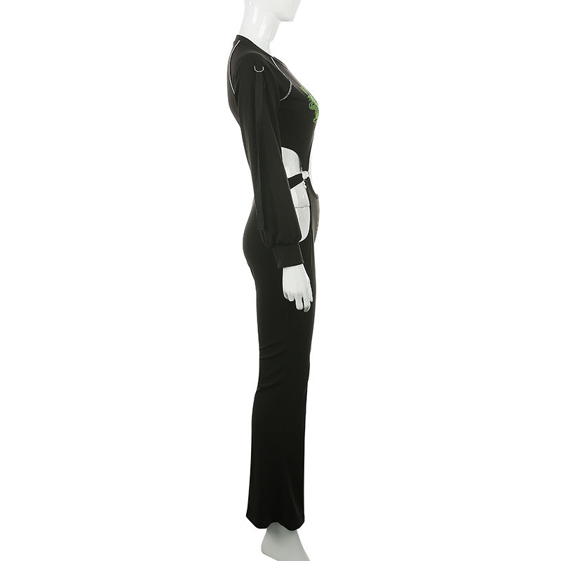 Embroidered Long Sleeve High-Waist Jumpsuit