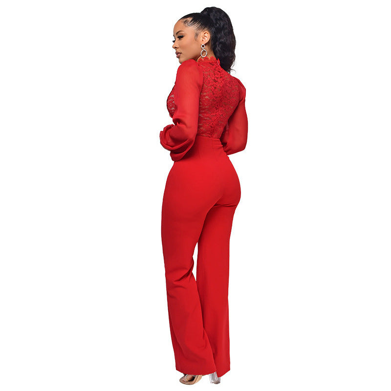 Elegant Lace Long-Sleeve High-Waist Jumpsuit