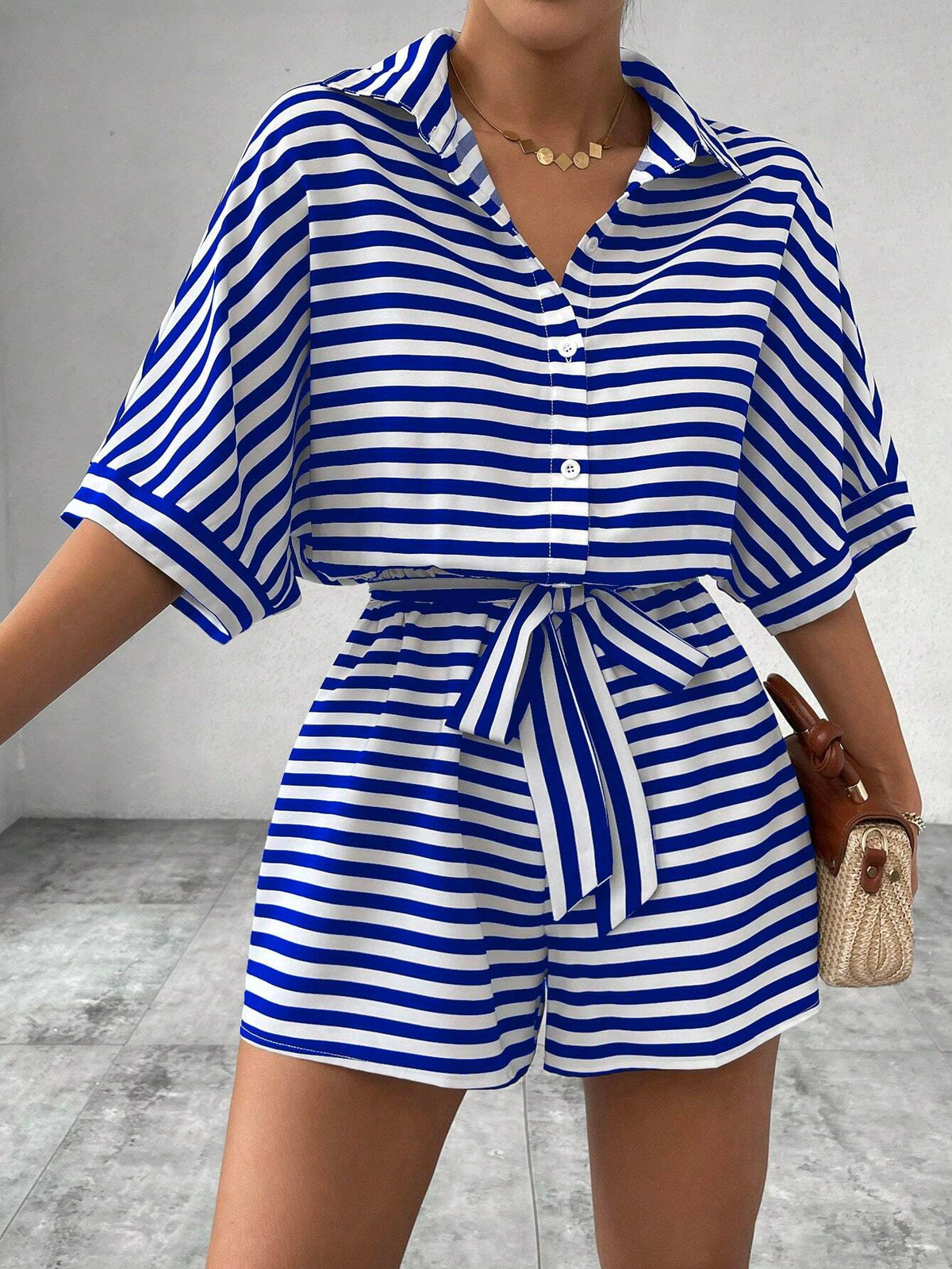 Summer Striped Lapel Belted Jumpsuit