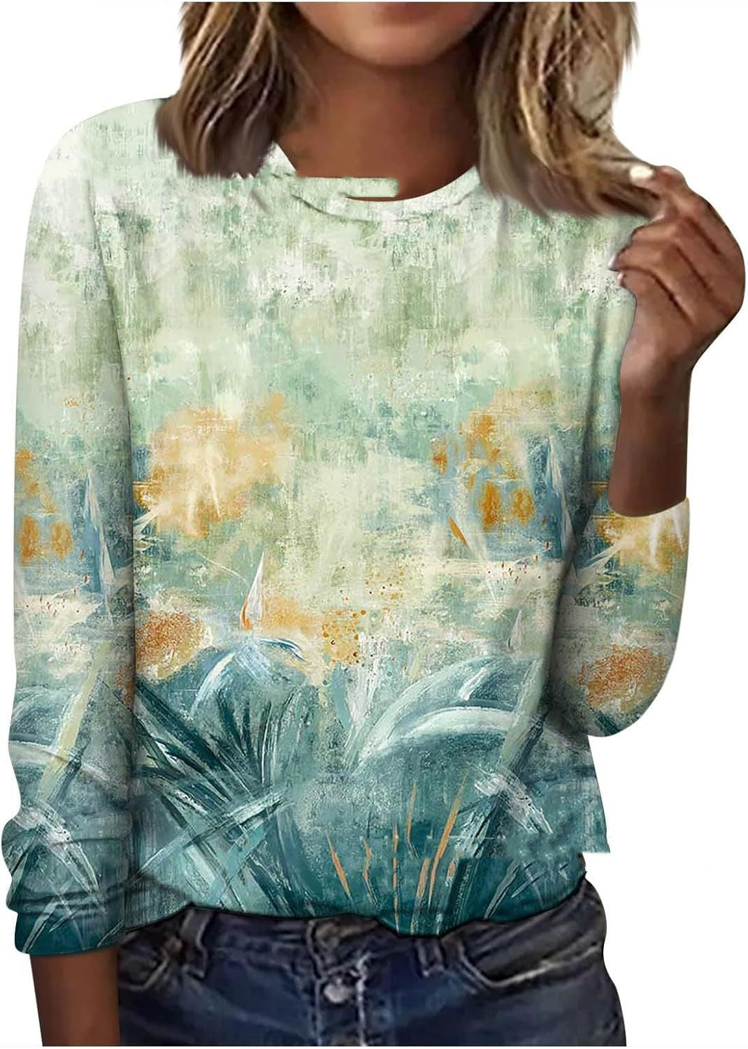 Floral Geometric Print Long Sleeve Round Neck Pullover