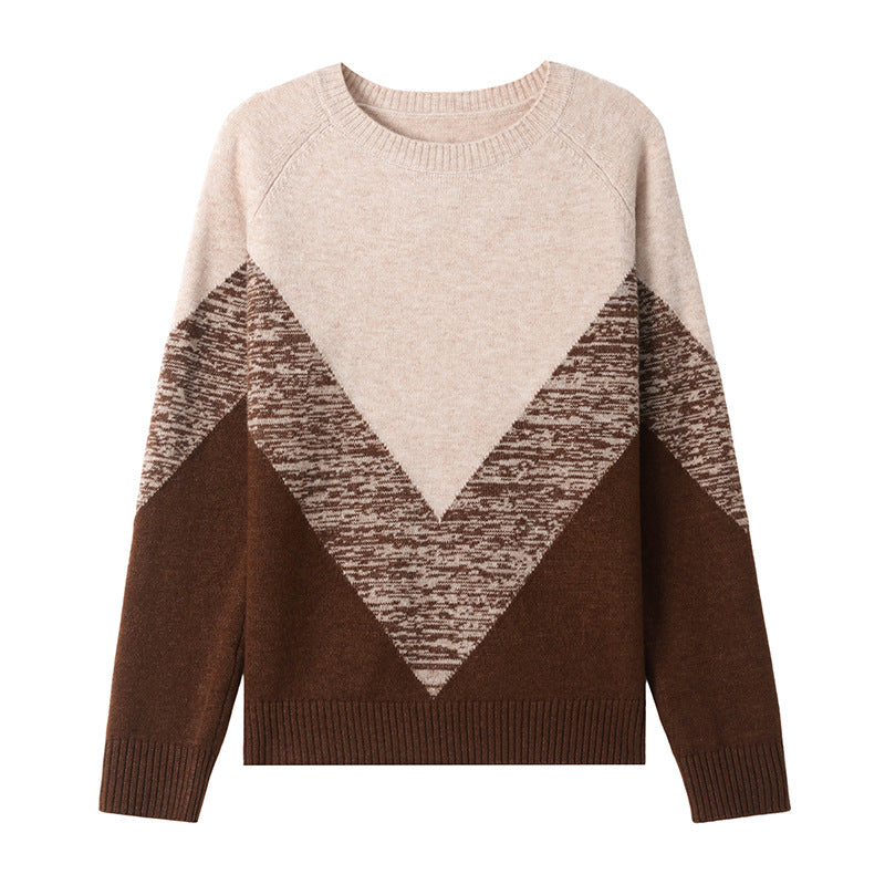 Womens Fashionable Color-block Crew-neck Knitted Sweater