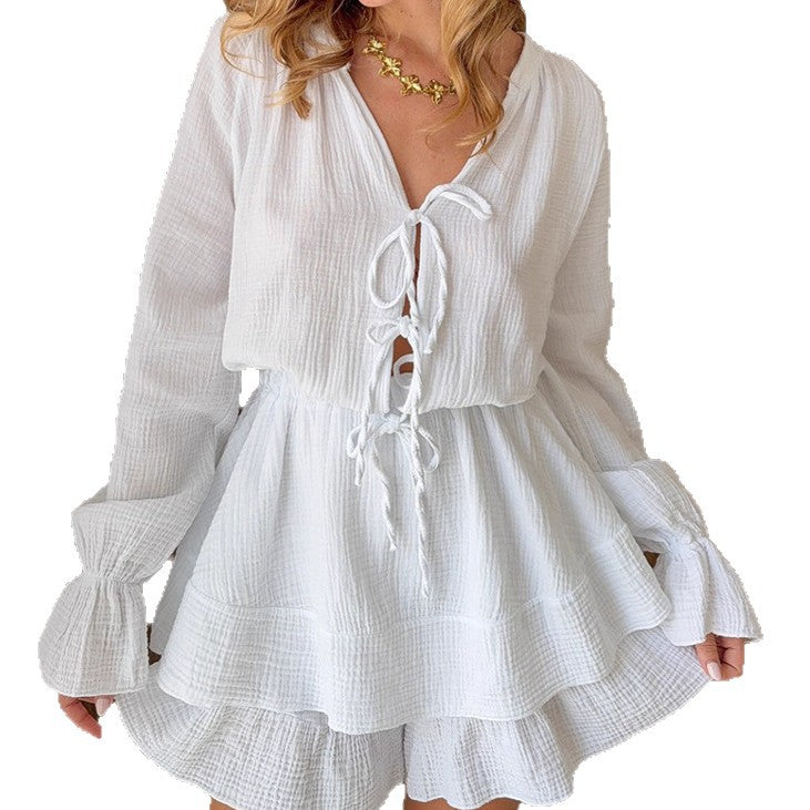 Chic V-Neck Lantern Sleeve Lace-Up Cotton Jumpsuit