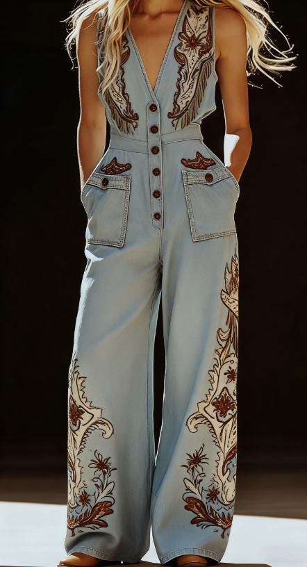 Womens V-Neck Sleeveless Wide-Leg Denim Jumpsuit