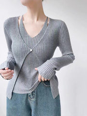 Women's Fake Two-piece Sunken Stripe Long-sleeved Sweater