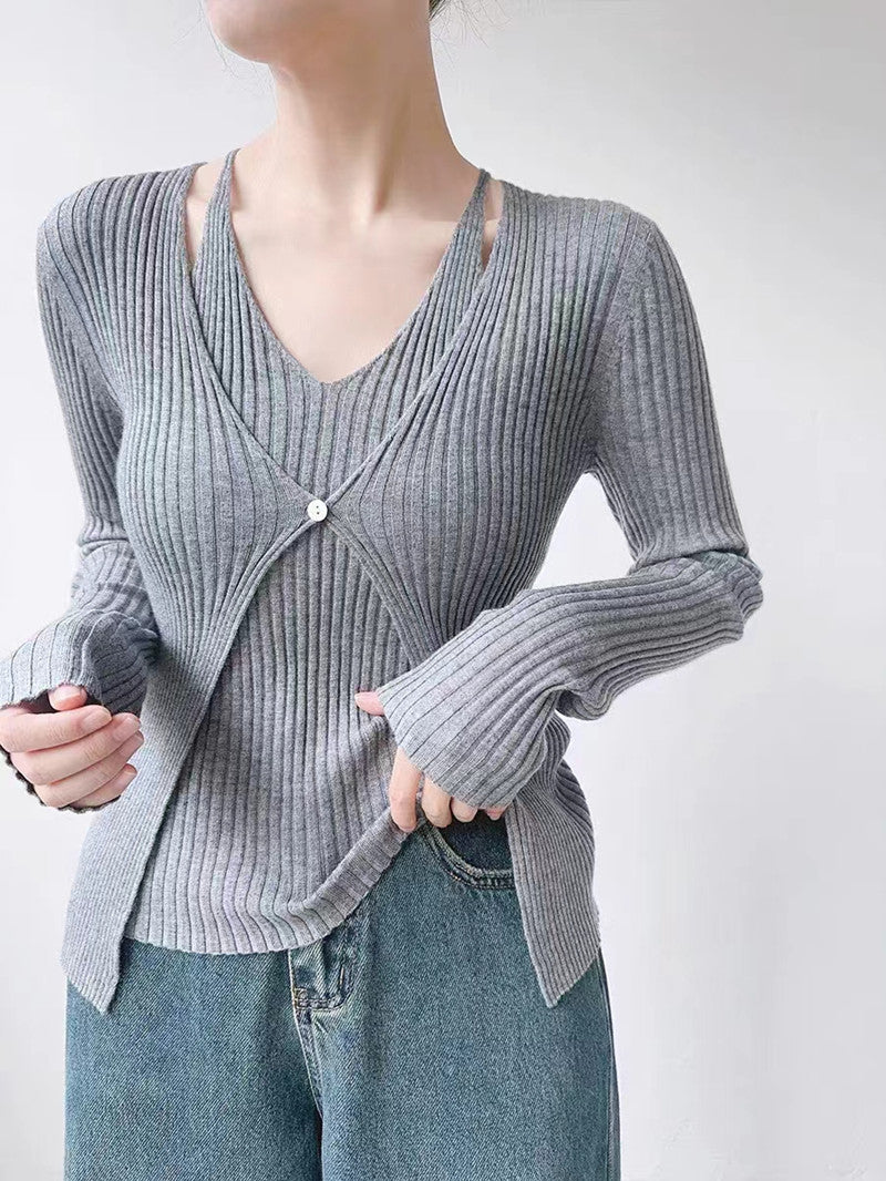 Women's Fake Two-piece Sunken Stripe Long-sleeved Sweater