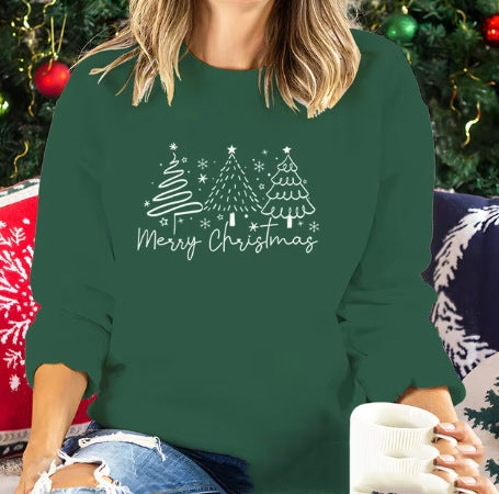 Festive Solid Color Christmas Crewneck Sweatshirt for Women