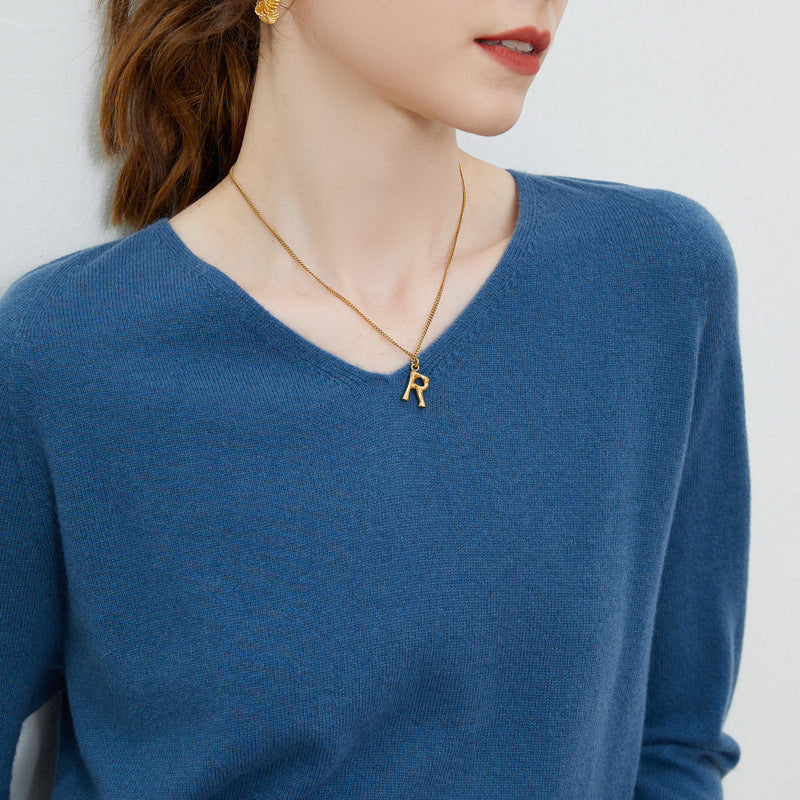 Pure Wool V-Neck Long-Sleeve Sweater for Women