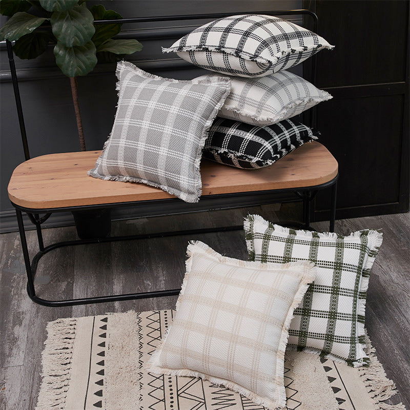 Chanel-Style Plaid Throw Pillow Cover with Tassel Trim - 45x45cm