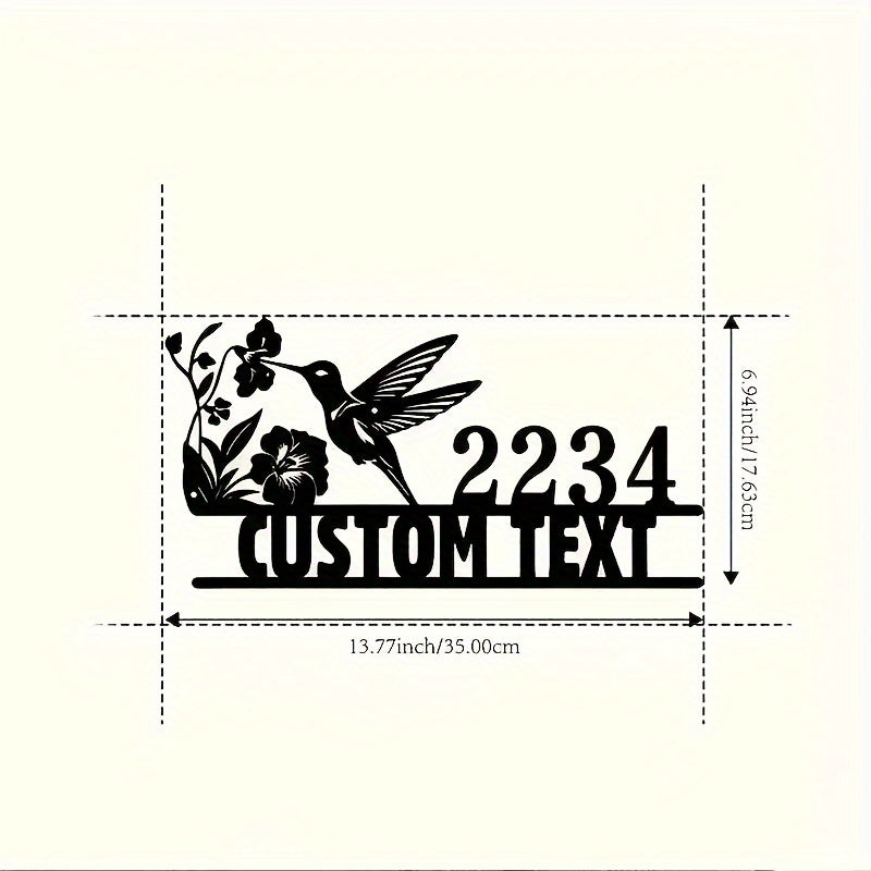 Personalized Hummingbird Metal Sign with Custom Floral Address Plaque, Art Deco Black Finish for Indoor/Outdoor Wall Decor