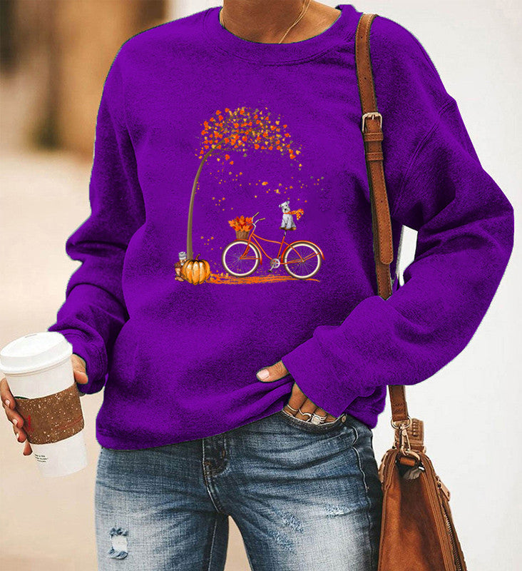 Women's Bicycle Print Fleece Long Sleeve Crew Neck Sweater