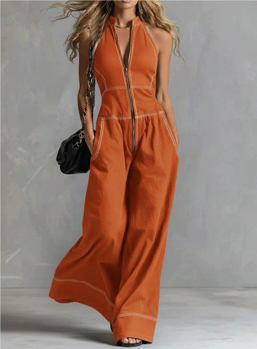 European And American Style Summer Fashion Elegant Front-Zip Sleeveless Wide-Leg Jumpsuit