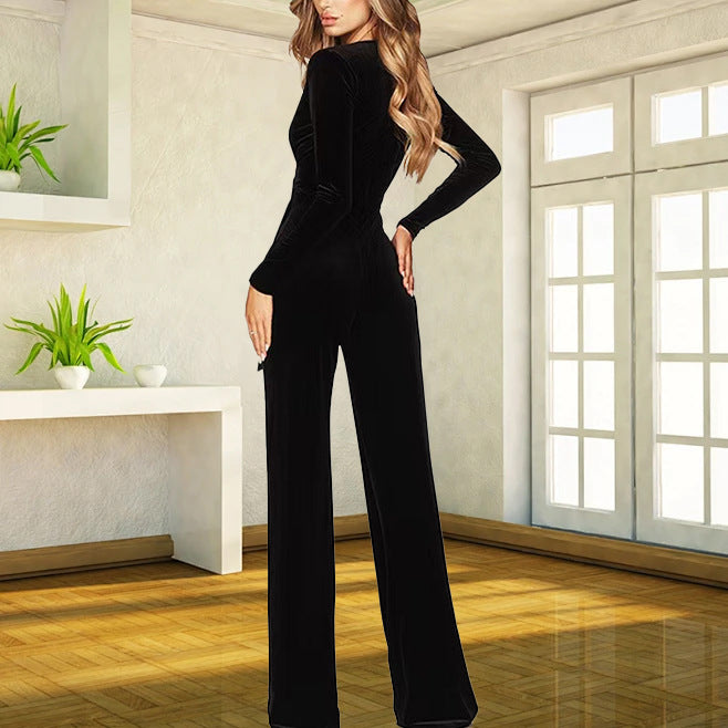Women's Velvet Long-Sleeve Wide-Leg Jumpsuit