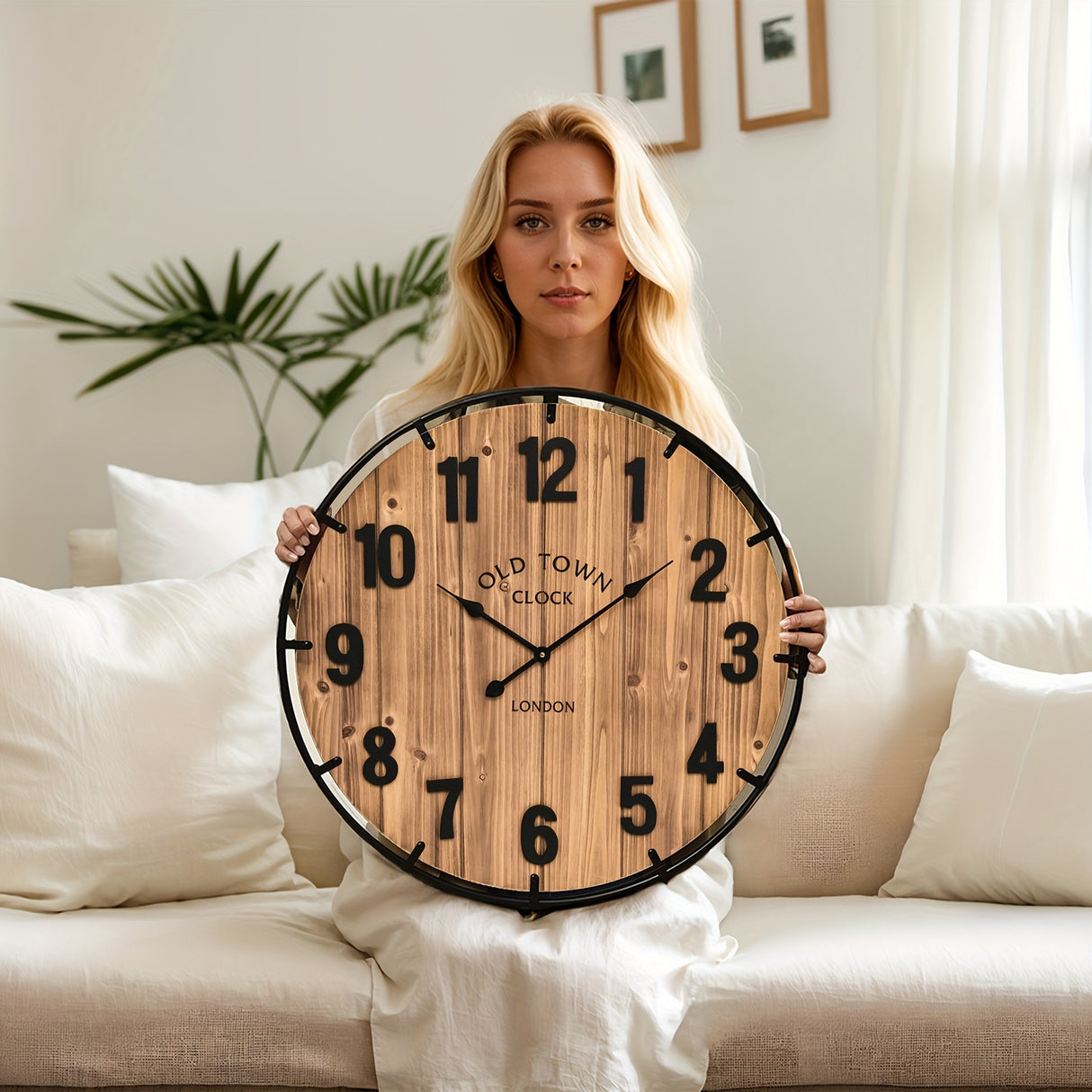 Large Farmhouse Wall Clock-Large Wall Clock 20 Inches - Old Town Rustic Antique Wood with Metal Circle And Large Numerals Silent Battery Operated Wall Clock for Office Kitchen Bedroom Living Room