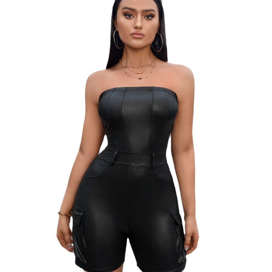Sexy Off-Shoulder PU Leather Bodycon Jumpsuit