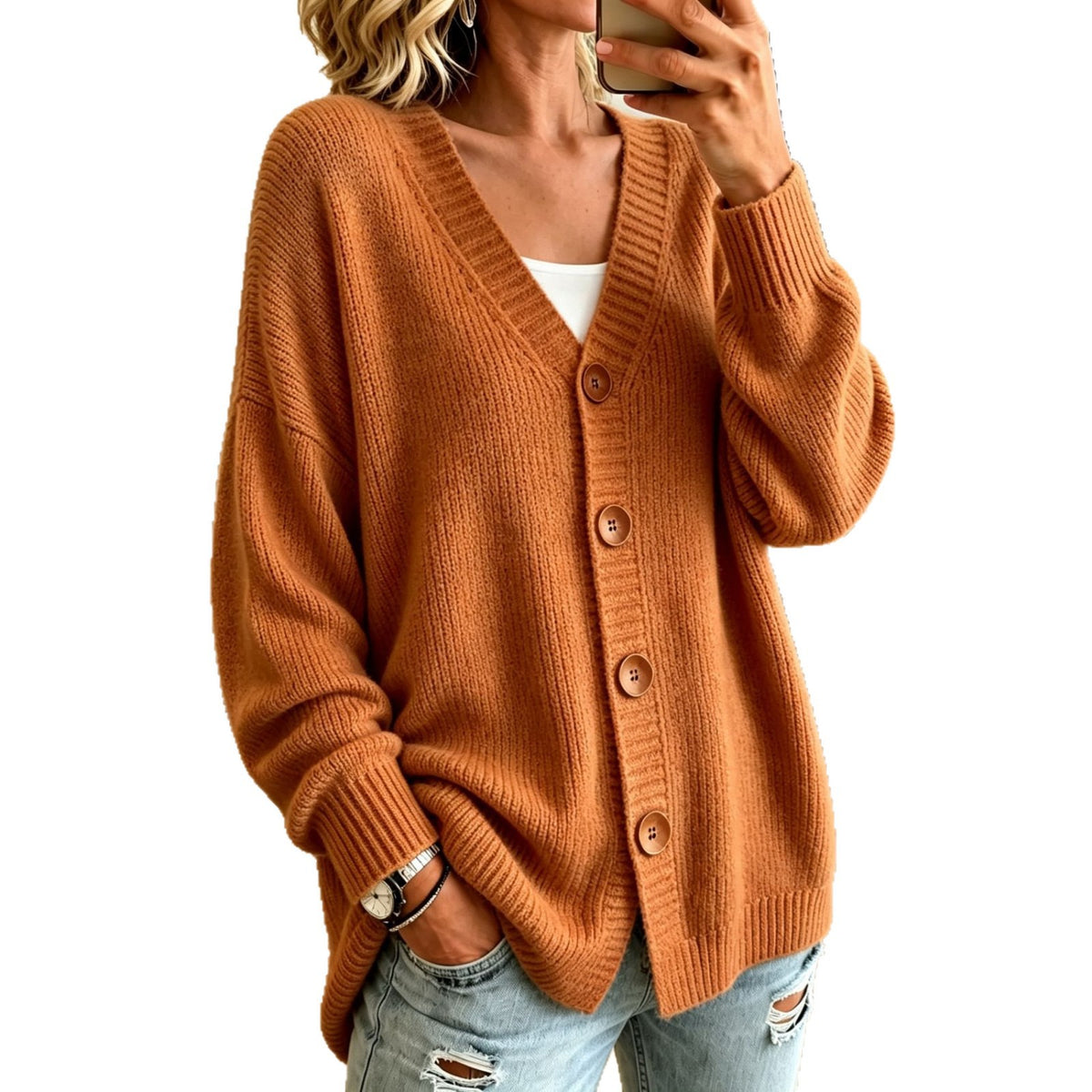 Buttoned V-neck Knitted Cardigan Sweater for Women