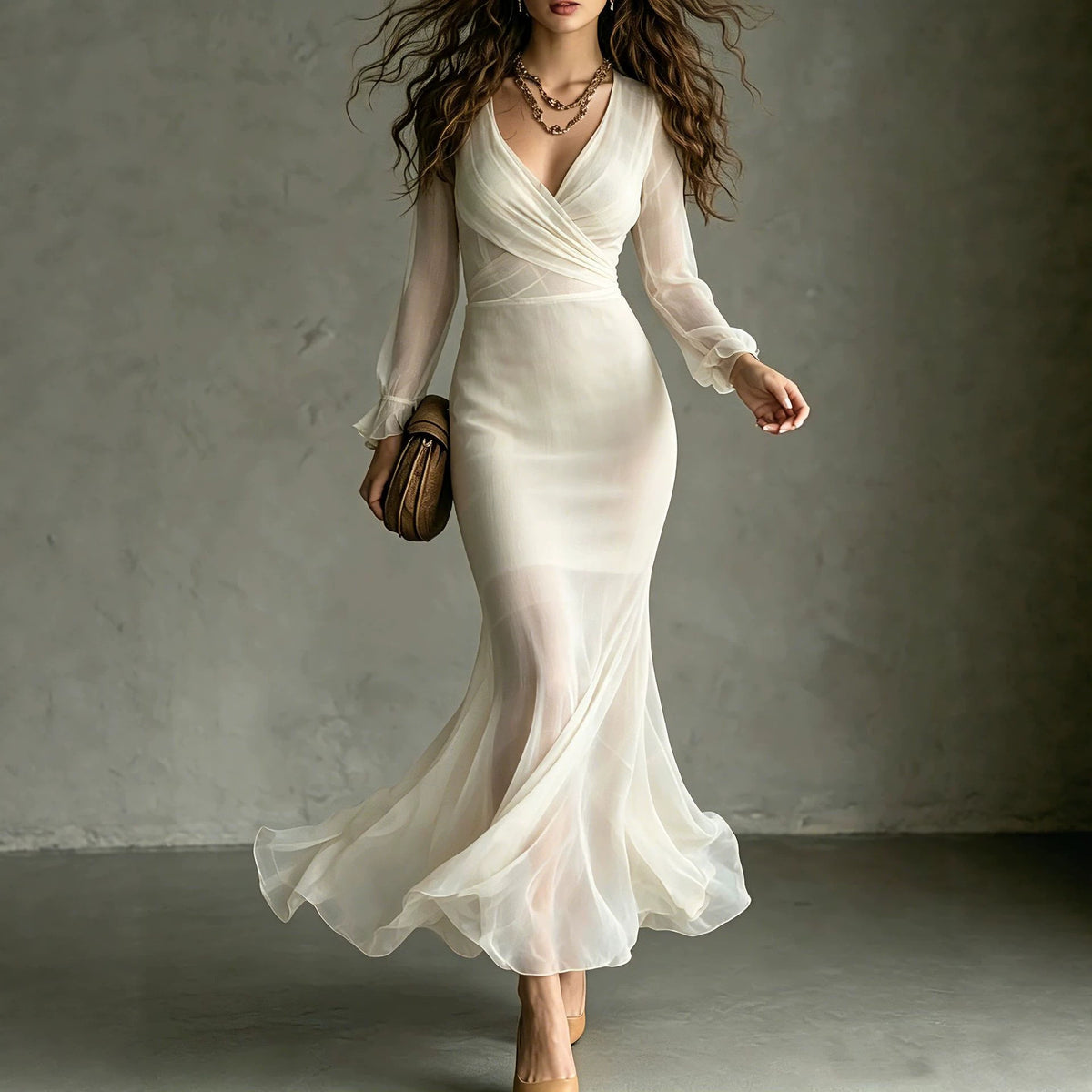 Cross-wrap Waist-cinching Chiffon Maxi Dress