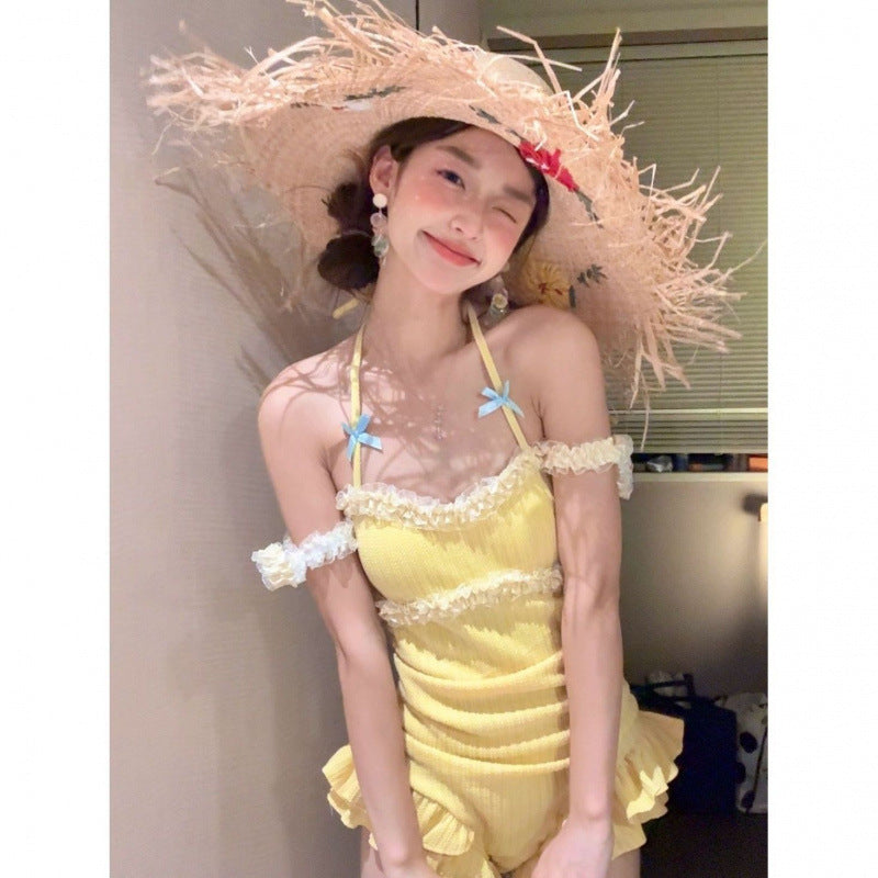 Ruffled One-Piece Swimsuit Figure-Flattering Yellow Monokini