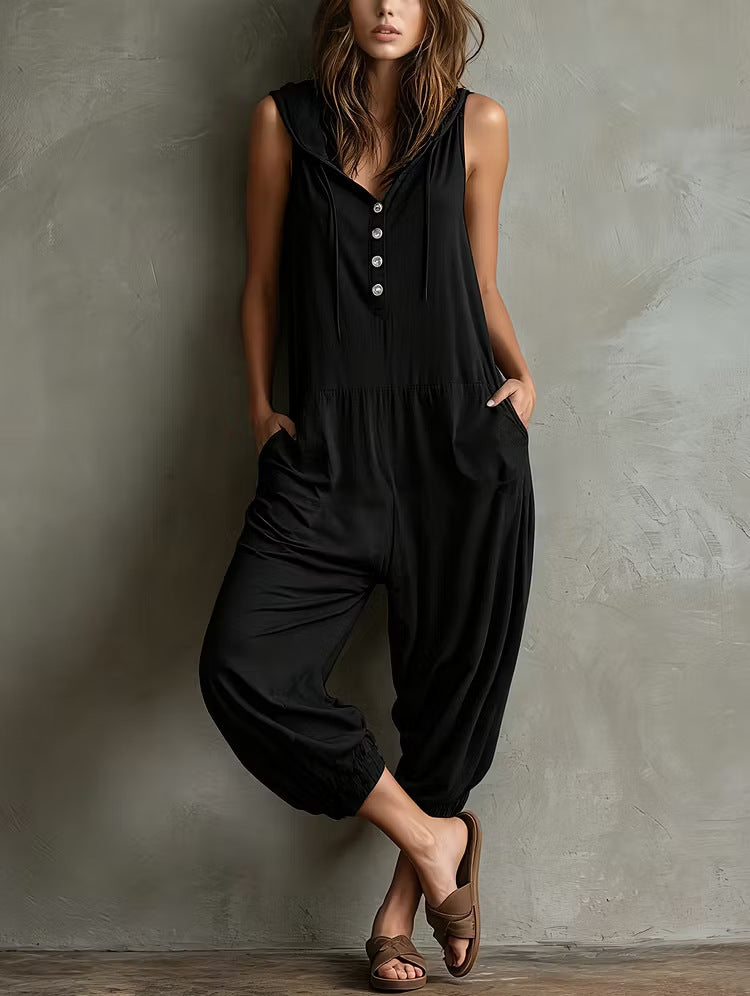 Casual Sleeveless Hooded Jumpsuit with Pockets