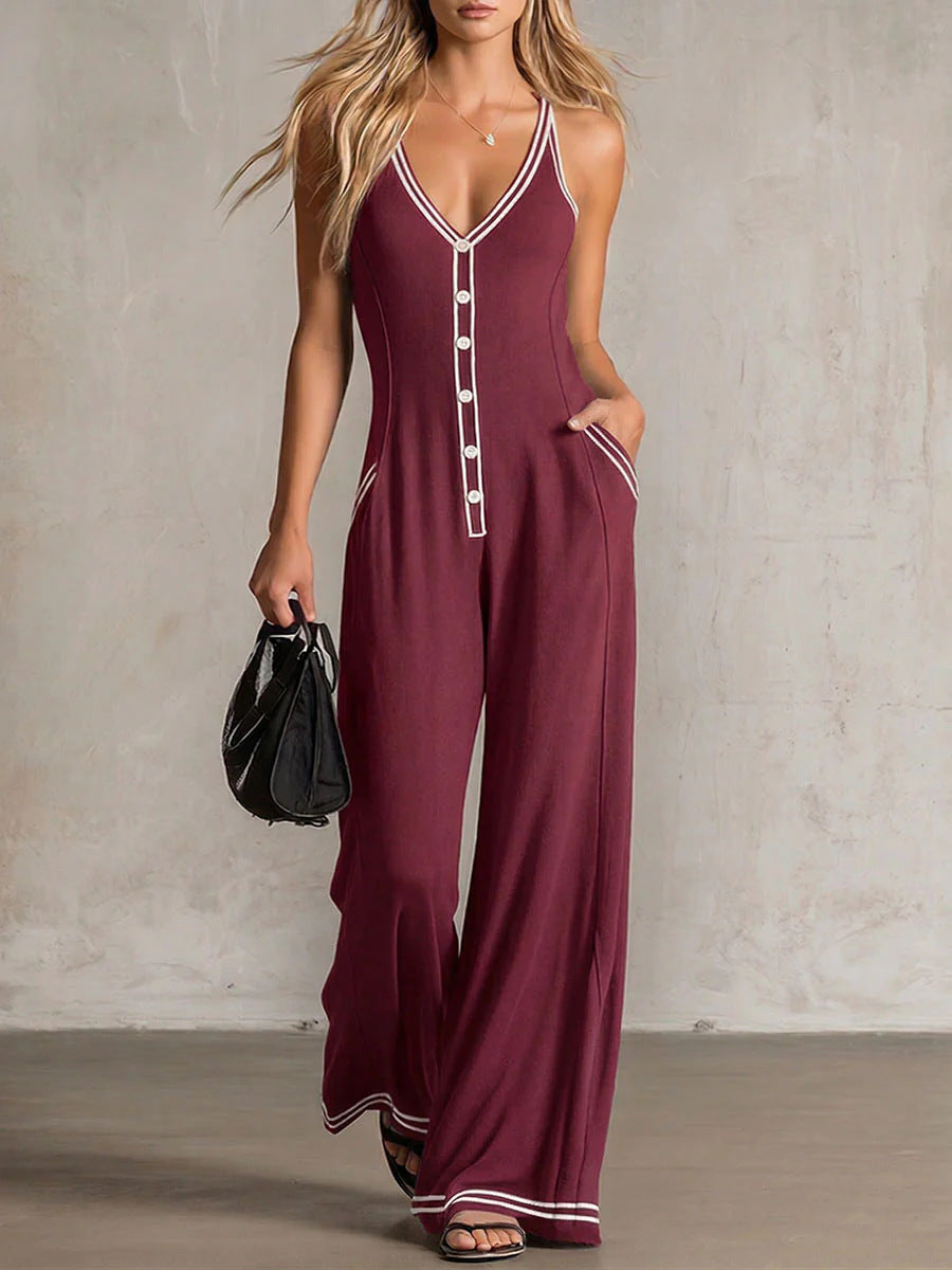 Chic V-Neck Backless Wide-Leg Casual Jumpsuit