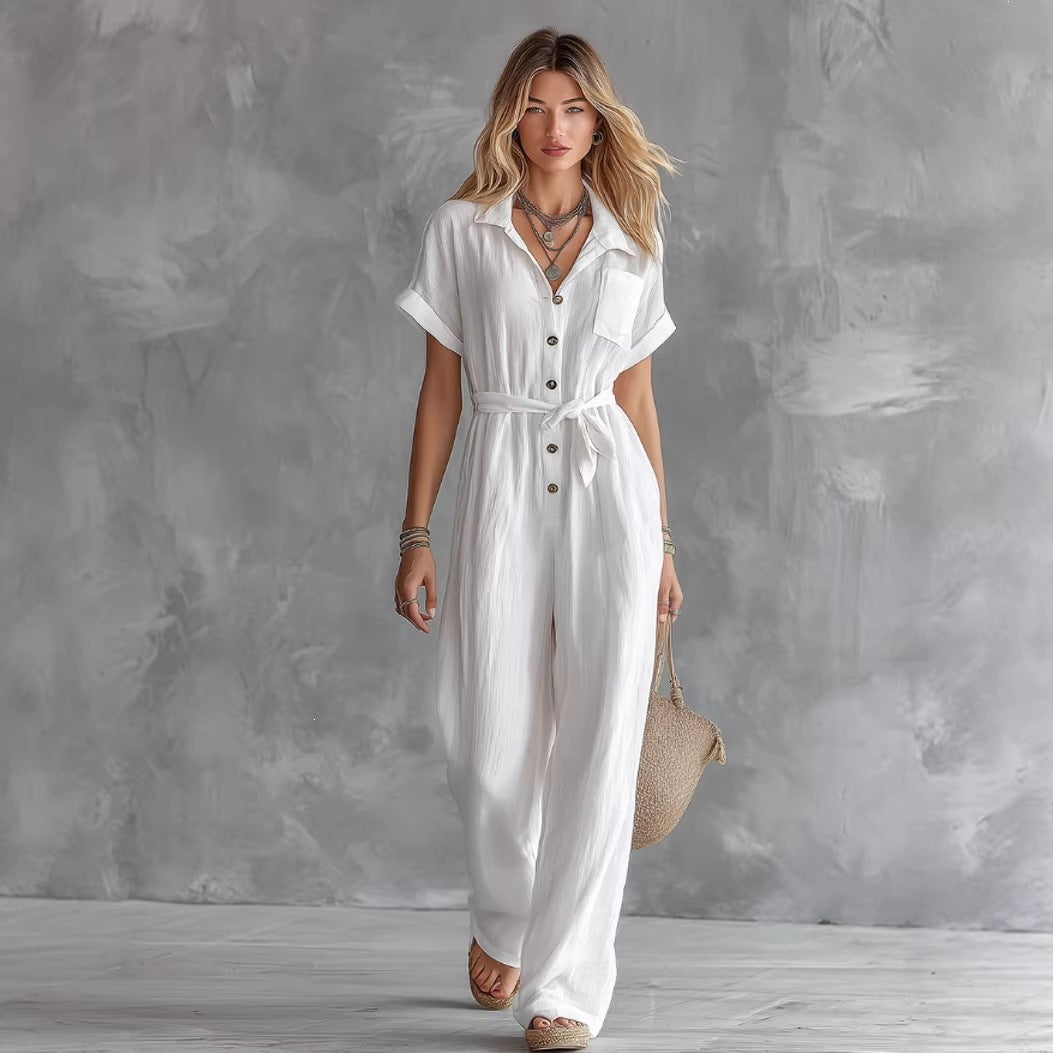 Womens Casual V-Neck Lace-Up Jumpsuit With Pockets