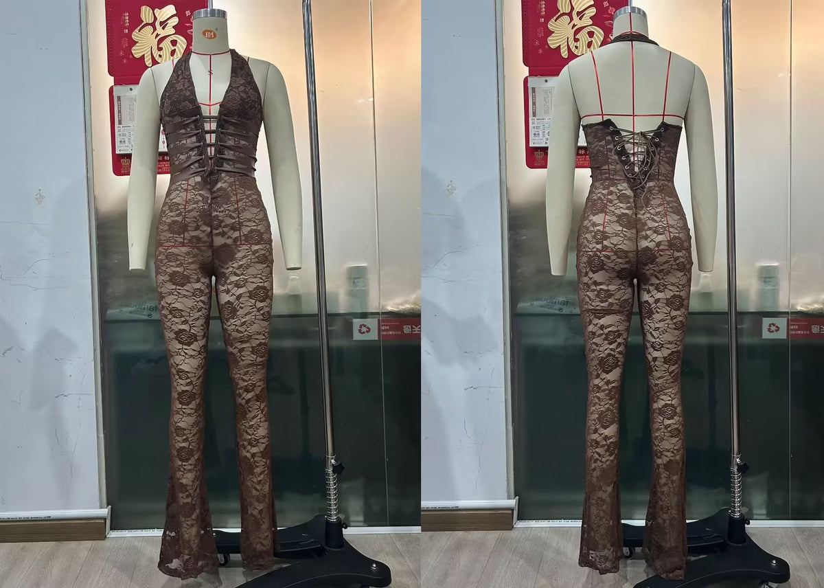 Women's Lace-Up Halter Slim Fit Jumpsuit