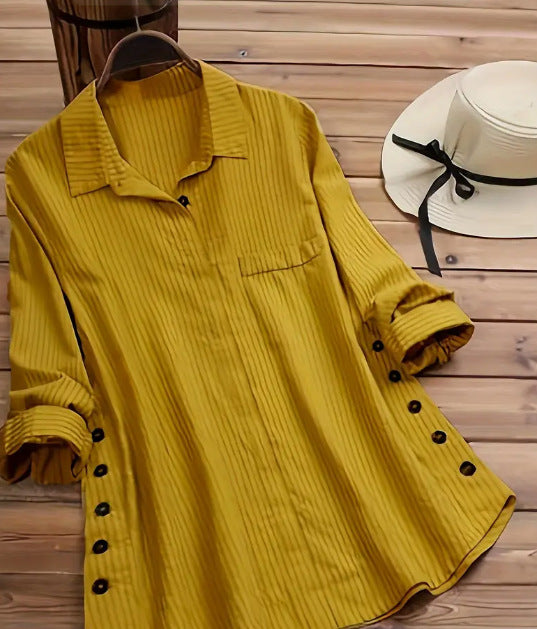 New Women's Solid Color Striped Button Top