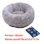 2Pcs Plush Dog & Cat Bed, Winter Warm Pet Round Nest For Small Pets + Christmas Floral Blanket (23.62*15.75Inch), Pet Bed, Cozy Pet Nest, Floral Design, Festive Pet Accessory, Plush Material, Cat L...