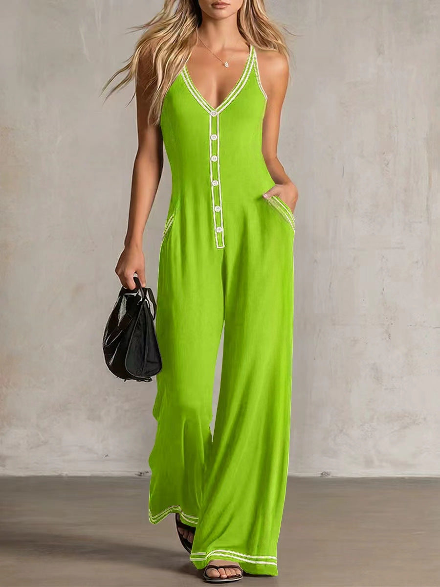 Chic French-Style Color-Block Button Strap Jumpsuit