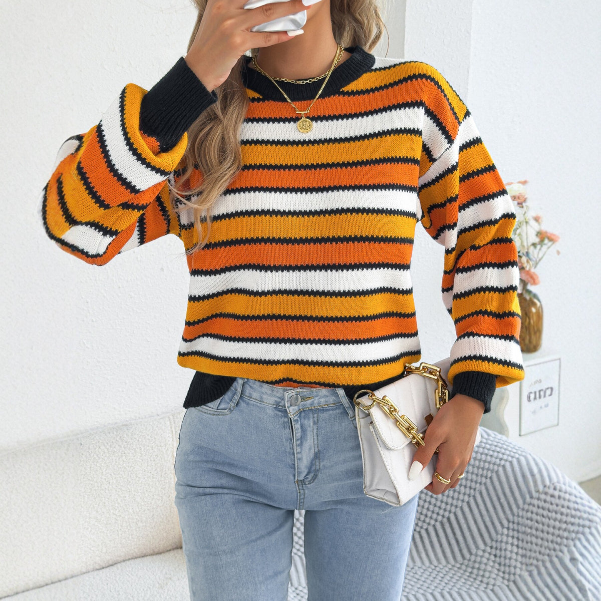 Womens Casual Color-block Striped Pullover Sweater with Puff Sleeves