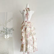 Womens Printed Halter-neck Chiffon Tiered Dress