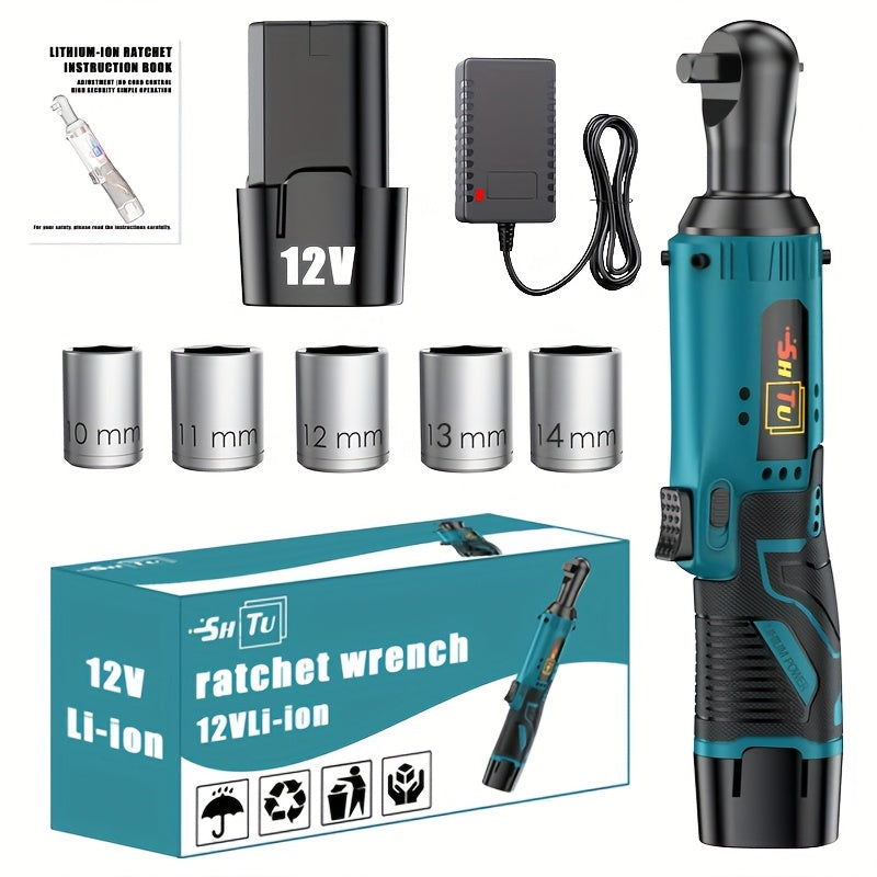 12V Brushless Electric Ratchet Wrench Set with Battery & Quick Charger - Cordless Power Tool Kit, Lithium-Ion Battery-Powered, Ergonomic Grip, Speed Control, Compatible with US Plug for Car Repair, Ho