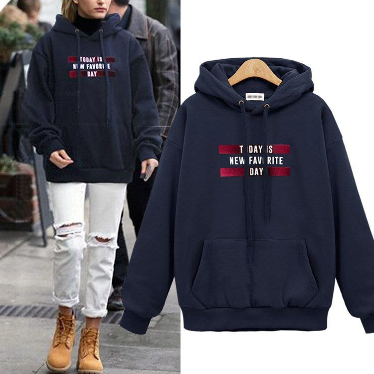 Women's Letter Print Loose Fleece Pullover Hoodie