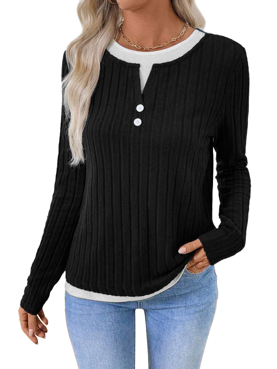 Women's Fake Two-piece Round Neck Button Pullover Grinding Sweater