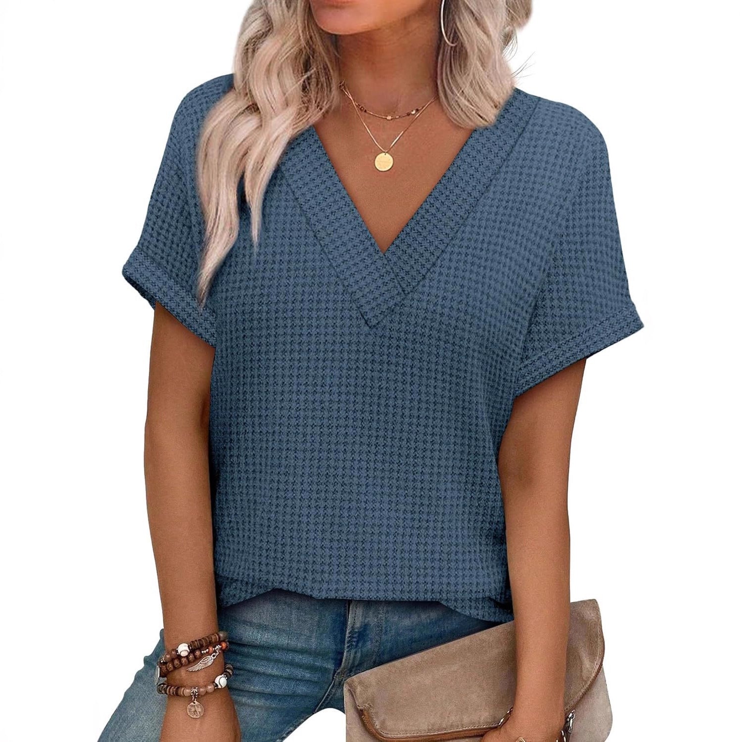Casual Striped Textured V‑Neck Knit T‑Shirt – Loose Fit, Batwing Sleeves