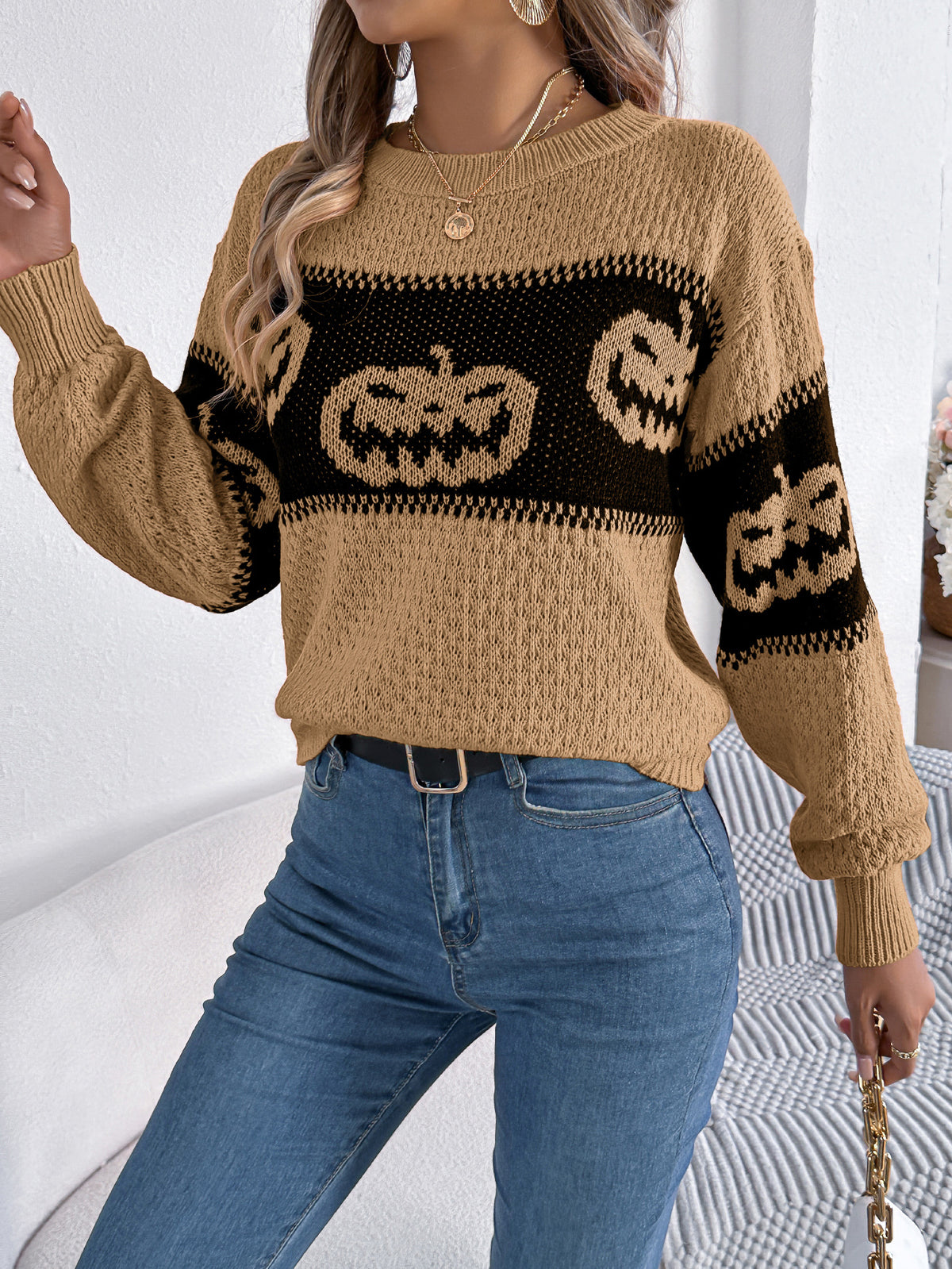 Women Pumpkin Head Color Block Long Sleeve Pullover Sweater